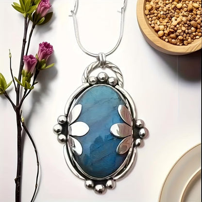 1 Pc, Silver Tone Snake Chain, Vintage Floral Labradorite Pendant Necklace, Boho Ethnic Style, Trendy Outfit Matching Jewelry (Silver)