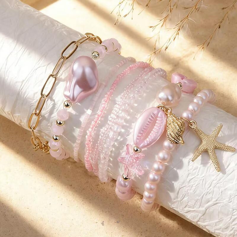 Boho Stackable Beaded Bracelet Set, Pink, Starfish Shell Pearl Charms, Elastic Handmade Layered Stretch Bracelets, Summer Beach Holiday Jewelry for Women - color: Pink D