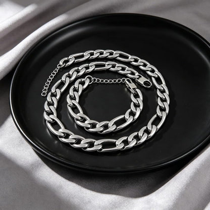 Kemstone Stainless Steel Figaro Cuban Bracelet Necklace Set for Men Women Jewelry - color: Silver 01