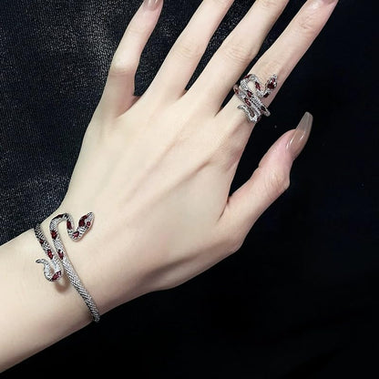 Gold/Silver Snakes Jewelry for Women Goth Snake Bracelet Ring Set Open Adjustable Snake Ring Halloween Prom Jewelry Costume Accessories Emo Accessories - color: Silver2