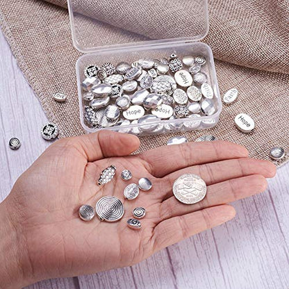 Craftdady 80Pcs Antique Silver Flat Round Oval Spacer Beads Tibetan Metal Barrel Drop Rondelle Loose Beads for Jewelry Crafts Making - color: Antique Silver, Flat Round+Oval,80pcs
