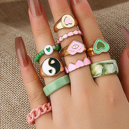 Gold Stackable Ring Sets Yin Yang Patterns Adjustable Alloy Finger Rings for Punk Boho & Daily Wedding Jewelry - color: Multicolor2