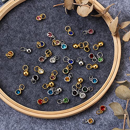 Cheriswelry 48Pcs 7.5mm Silver Gold Flat Round Alloy Glass Rhinestone Charms Birthstone Pendants Tiny Dangle Charms for DIY Necklace Earring Bracelet Jewelry Making Crafts - color: Mixed Color