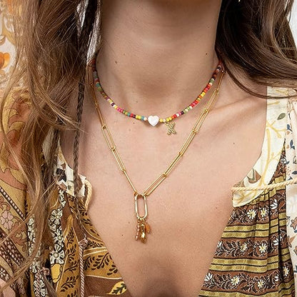MJartoria Initial Necklaces for Women, Colorful Beaded Necklace, Shell Beach Necklace Letter Choker Handmade Jewelry Gifts - style: X