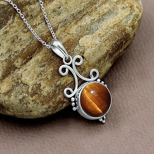 Natural Round Gemstone Pendant Necklace for Women, 925 Sterling Silver | Solitaire Birthstone Jewelry With 18 Inch Chain, Handmade Semi Precious Stone Pendant, Jewelry Gift for Mom, Wife & Sister - color: Tiger Eye