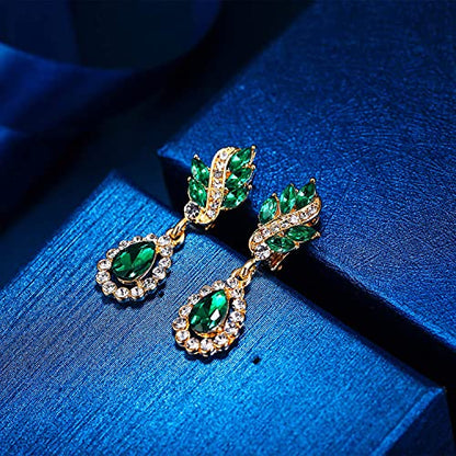 EleQueen Women's Austrian Crystal Art Deco Tear Drop Dangle Earrings Clip-on - color: 06-Gold-tone Emerald Color