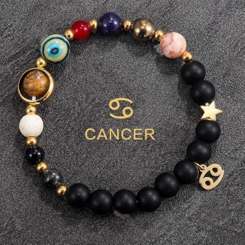 Solar System Planet Bead Zodiac Sign Stretch Bracelet for Men Women | Matte black beads with solar system planet stones, unisex design, perfect birthday holiday gift for men women - color: cancer