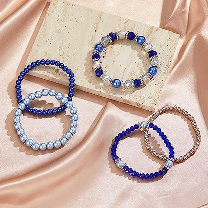 Noessla Beaded Pearl Stretch Bracelet Silver Stackable Crystal Beads Bracelets Trendy Costume Jewelry Mothers Day Gifts for Women - color: Sapphire