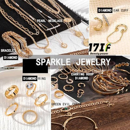 17IF 38-59 Pcs(9-8 Pack) Gold Plated Jewelry Set for Women With 8 Necklace 12 Bracelet 27 Ring 12 Pair Earring Hoop Simple Sparkle for Happy - style: Golden-59Pcs