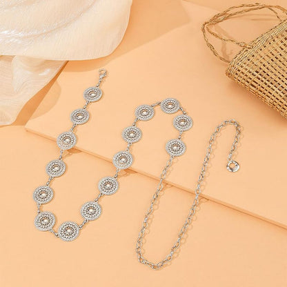 Women Western Concho Chain Belt - Fashion Gold Metal Waist Cowgirl Belt for Dresses Jeans - color: Silver-sun-flower