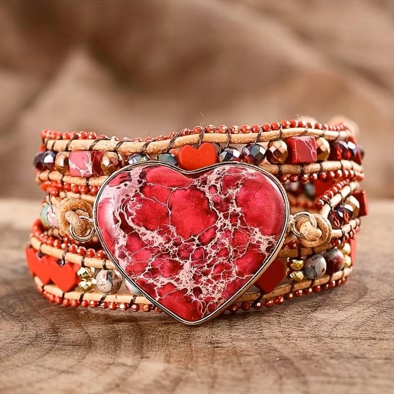 Women Wrap Bracelet Boho Natural Jasper Crystal Stone Beads Strand Bracelets - color: Style 17-Red Heart