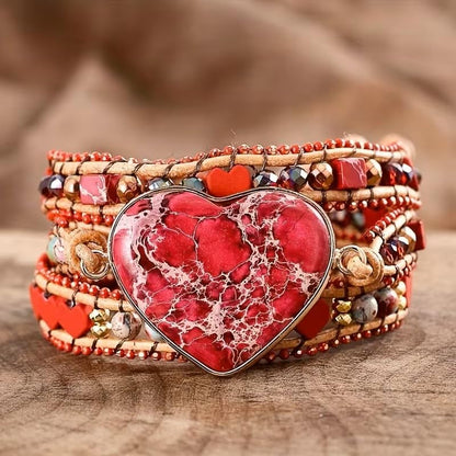 Women Wrap Bracelet Boho Natural Jasper Crystal Stone Beads Strand Bracelets - color: Style 17-Red Heart