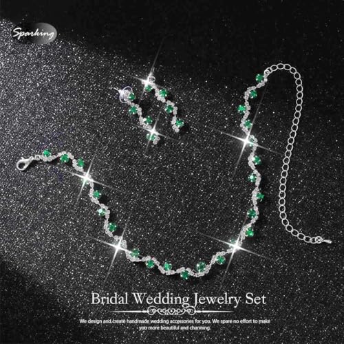 Bride Silver Necklace Earrings Set Crystal Bridal Wedding Jewelry Set Rhinestone Choker Necklace for Women and Brides - color: Green