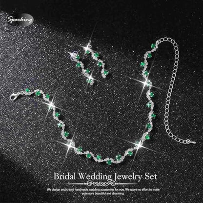 Bride Silver Necklace Earrings Set Crystal Bridal Wedding Jewelry Set Rhinestone Choker Necklace for Women and Brides - color: Green