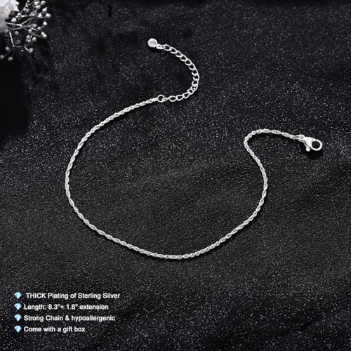 Ankle Bracelets for Women 14K Gold Plated Anklet Silver Anklets Waterproof Evil Eye Beaded Pearl Tennis Crystal Heart Cuba Link Chain Anklets Dainty Jewelry Gift for Her - color: Twisted Rope-Silver