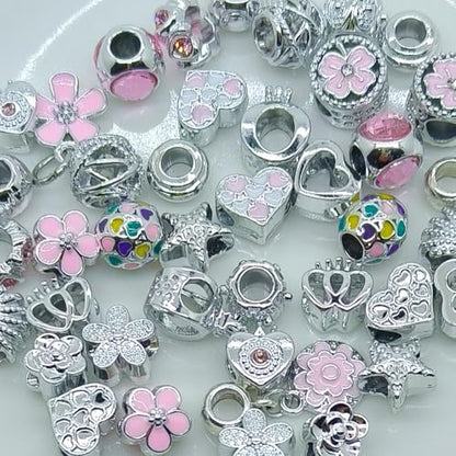 YIQIFLY Charm Bracelet Making Kit, 40 Silver Plated Beads with Pink Floral and Heart Designs (Pink) - color: Pink