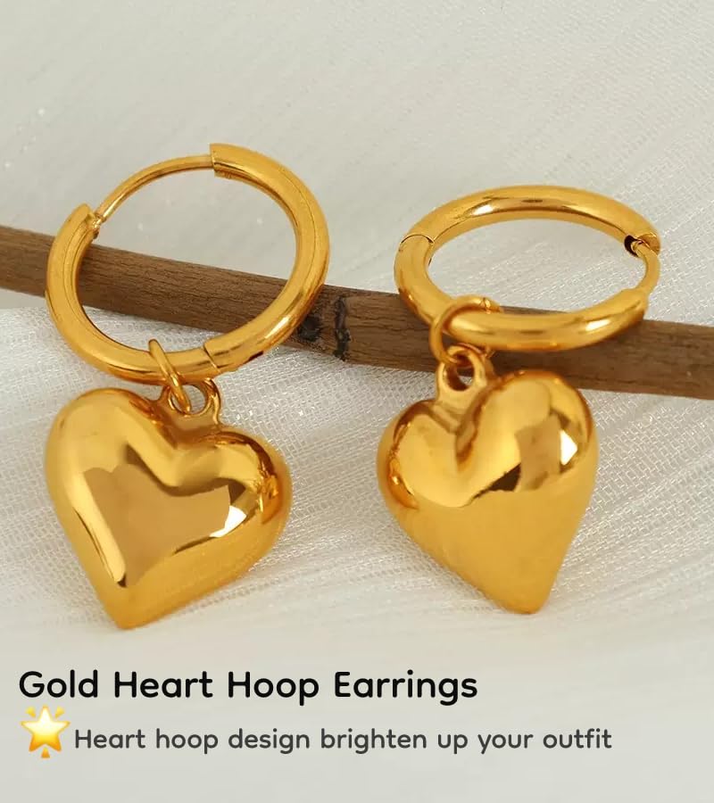 18K Gold Plated & Silver Chunky Heart & Bow Earrings for Women, Chunky Heart Dangle Hoops/Tiny Studs, Kawaii Dainty Hypoallergenic Jewelry for Multiple Piercings, Gift for Her - style: Chunky Heart Dangle