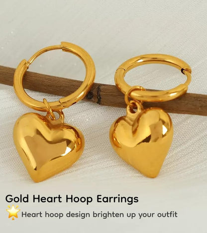 18K Gold Plated & Silver Chunky Heart & Bow Earrings for Women, Chunky Heart Dangle Hoops/Tiny Studs, Kawaii Dainty Hypoallergenic Jewelry for Multiple Piercings, Gift for Her - style: Chunky Heart Dangle