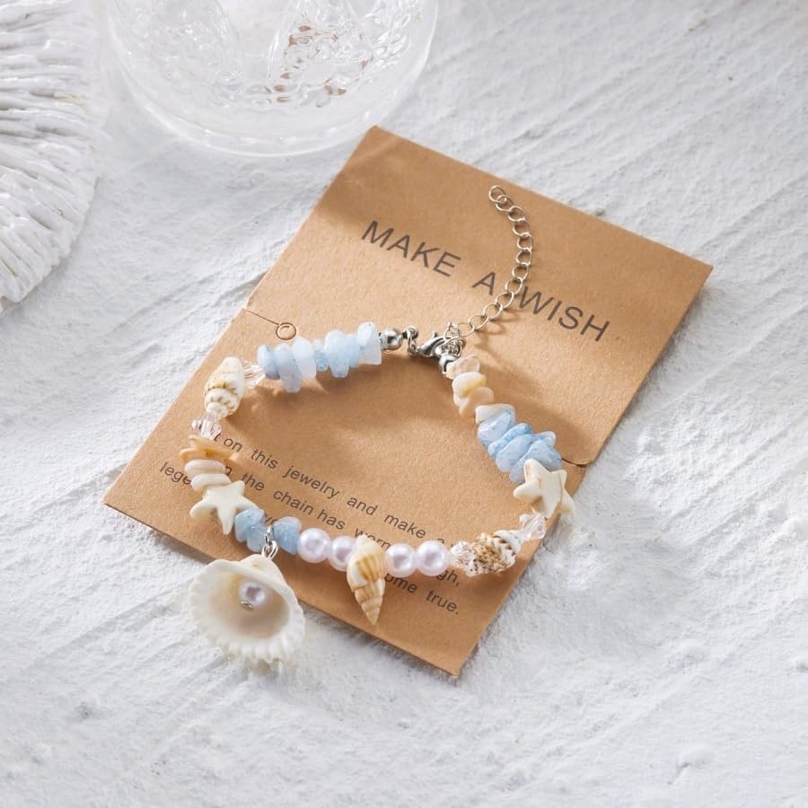 Handmade Natural Shell Starfish Beads Bracelets with a Wish Card Bohemia Sweet Seashell Conch Pearl Charm Bracelets for Women Boho Sea Themed Summer Beach Surfer Vacation Jewelry Gifts - style: StyleG