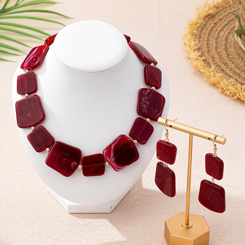 Retro Square Resin Beaded Jewelry Set Bohemia Vintage Adjustable Geometric Acrylic Beaded Choker Necklaces Dangle Earrings for Women Boho Trendy Wedding Party Statement Jewelry Gifts - style: StyleA