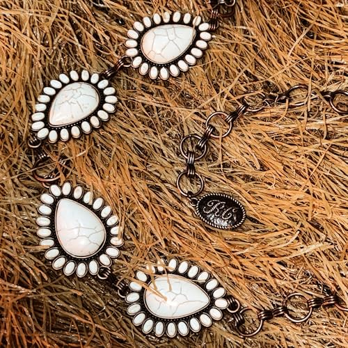 Montana West Rustic Couture's Turquoise Western Concho Chain Belt for Women | Large Western Cowgirl Metal Adjustable Boho Body Chain Belt for Dresses Jeans Country Concert - color: Buttery White