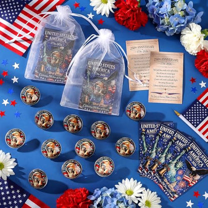 Kenning 30 Set 250th Anniversary Coin Gifts, 3D USA Enamel Pins with Greeting Cards for Patriot's Day 4th of July Celebration