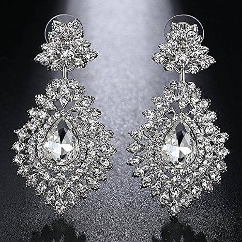 Flower Teardrop Bridal Wedding Dangle CZ Earrings in Silver/Gold Tone for Women Girl Bride Gift … - color: B-Clear
