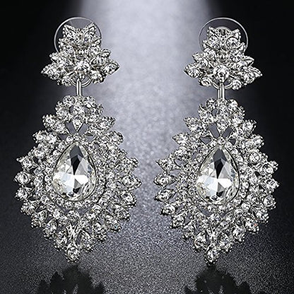 Flower Teardrop Bridal Wedding Dangle CZ Earrings in Silver/Gold Tone for Women Girl Bride Gift … - color: B-Clear