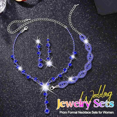 Silver Wedding Jewelry Sets Rhinestone Necklace Earrings Bracelet Set Prom Formal Costume Jewelry for Women and Brides - color: Blue