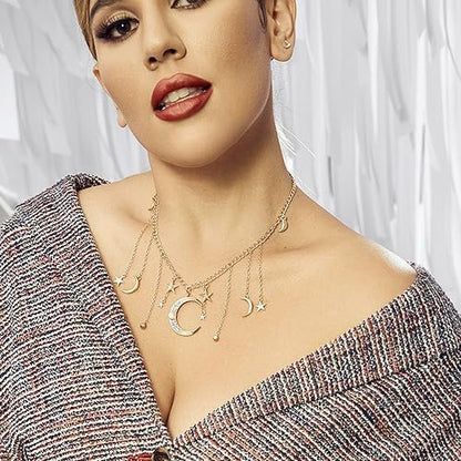 Moon Stars Tassel Pendant Necklaces Big Moon Clavicle Necklace Star Tassel Collarbone Chain Fashion Moon Choker Celestial Star Long Tassel Neck Accessories Jewelry for Women - color: Gold