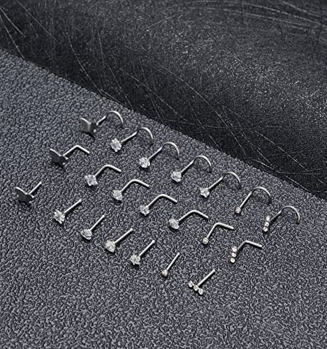 Akeoqi 29Pcs 20G Nose Ring Studs Nose Ring Hoops Stainless Steel L Bone Screw Shape CZ Butterfly Snake Star Heart Moon Shape Nose Piercing Jewelry for Women Silver Tone - style: A:29Pcs(Heart)