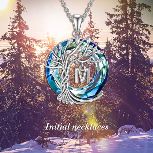 TOUPOP Gifts for Women Tree of Life Initial Necklace 925 Sterling Silver Letter Pendant with Blue Crystal Birthday Jewelry Gifts for Women Her Mom Wife Daughter - color: Tree of Life M Initial