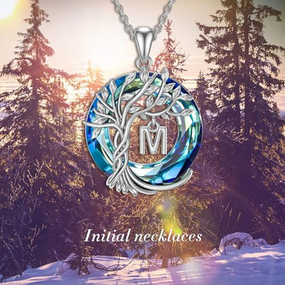 TOUPOP Gifts for Women Tree of Life Initial Necklace 925 Sterling Silver Letter Pendant with Blue Crystal Birthday Jewelry Gifts for Women Her Mom Wife Daughter - color: Tree of Life M Initial