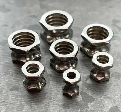 PAIR of Steel Hexagon Screw Bolt Tunnels Double Flare Plugs Earlets Gauges - style: 5/8" (16mm)