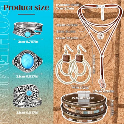 Ecally Bohemian Western Jewelry Turquoise Set Women Country Pendant Long Choker Layered Bracelets Earrings Ring for Women - color: Turquoise, style: Exquisite