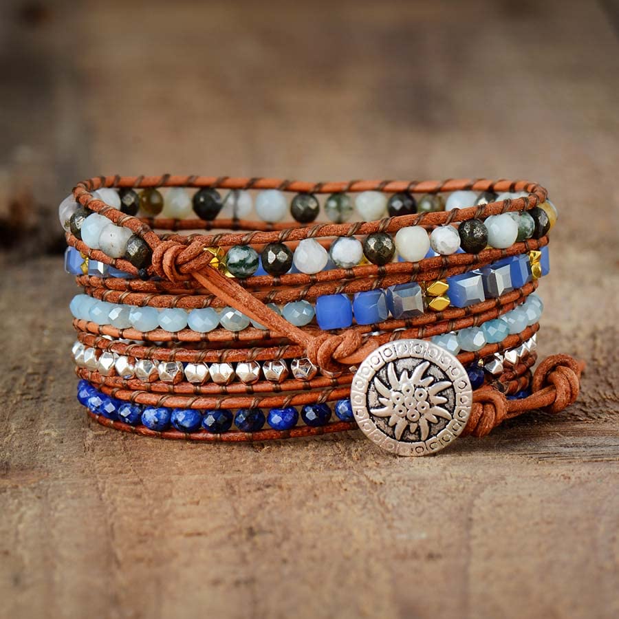 Women Wrap Bracelets Boho Natural Stone Jasper Turquoises Strand Bracelet Jewelry Collection - color: Lazuli