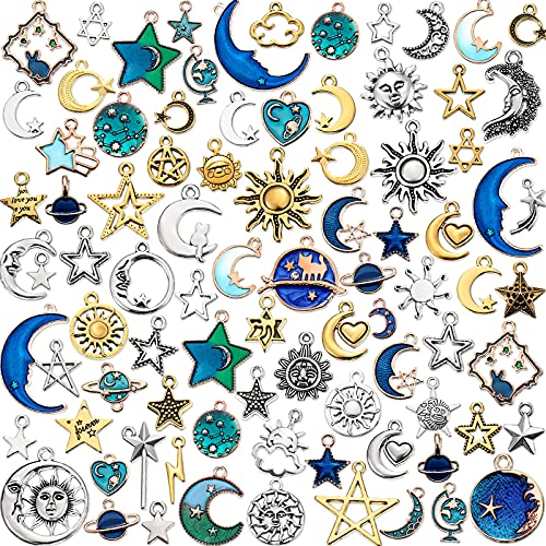 Hicarer 160 Pcs Bracelet Charms, Mixed Antique Sun Star Moon Charm Pendant Plated Enamel Celestial Charm for Jewelry Making