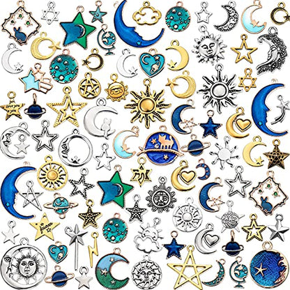 Hicarer 160 Pcs Bracelet Charms, Mixed Antique Sun Star Moon Charm Pendant Plated Enamel Celestial Charm for Jewelry Making