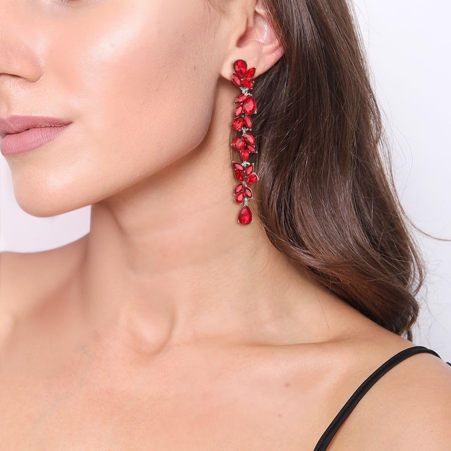 Crysdue Clip On Earrings for Women Rhinestone Crystal Teardrop Cluster Wedding Bridal Non Pierced Long Dangle Earring for Prom Party - color: Red Silver-Tone