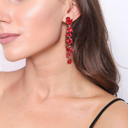 Crysdue Clip On Earrings for Women Rhinestone Crystal Teardrop Cluster Wedding Bridal Non Pierced Long Dangle Earring for Prom Party - color: Red Silver-Tone