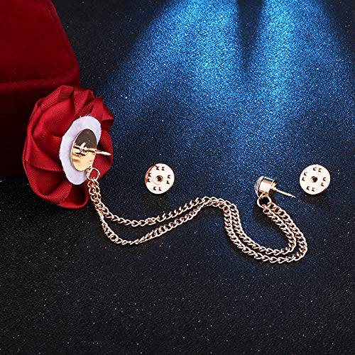 Fashion Bridegroom Wedding Brooches Cloth Art Hand-Made Rose Flower Brooch Lapel Pin Badge Tassel Chain Men's Suit Accessories - color: Red