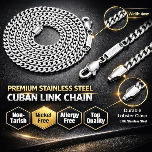 VEXXS Men's Gold Chain,18K Real Gold Filled Cuban Link Chains, 316L Stainless Steel Durable No Color Fading 3mm 4mm 6mm Men’s Necklace Chain Urban Fashion Street Wear Gift for Men Women - size: 26 inches, style: 4mm-White Gold