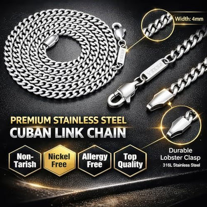 VEXXS Men's Gold Chain,18K Real Gold Filled Cuban Link Chains, 316L Stainless Steel Durable No Color Fading 3mm 4mm 6mm Men’s Necklace Chain Urban Fashion Street Wear Gift for Men Women - size: 26 inches, style: 4mm-White Gold