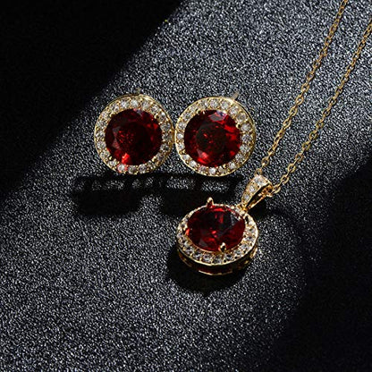 Bridal Crystal Jewelry Set - Sterling Silver Round Cubic Zirconia CZ Rhinestone Halo Birthstone Pendant Necklace Stud Earrings Set for Wedding Bride Bridesmaids Birthday Gift - color: Ruby Red