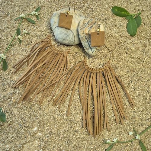Handmade Genuine Leather Earrings for Women – Long Teardrop Boho Dangles, Lightweight Statement Fashion Jewelry - style: Waterfall - Tan