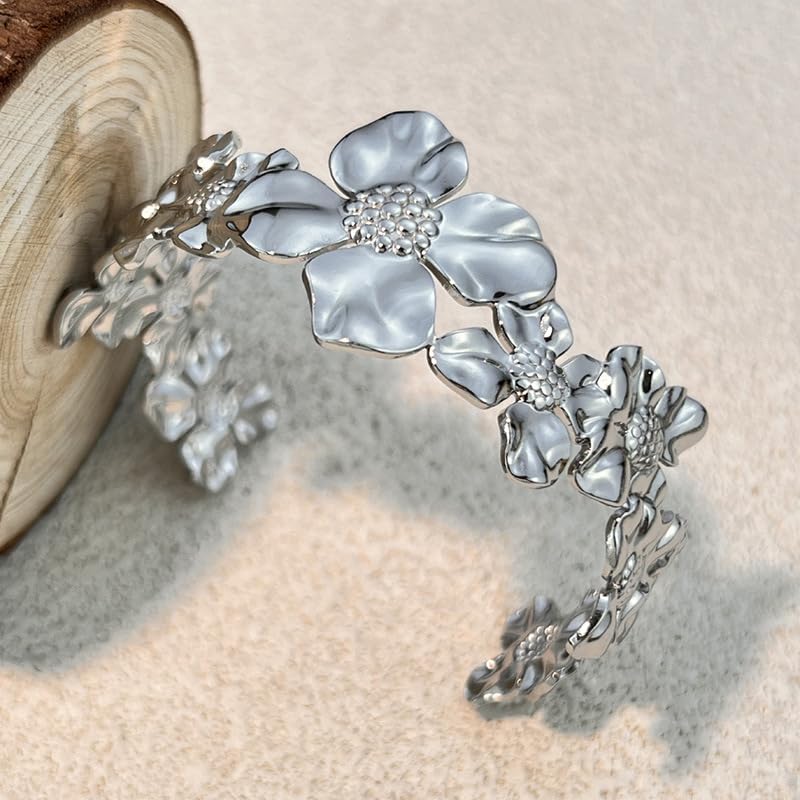 YWMAN Silver Flower Cuff Bracelet, Metallic Floral Chunky Bracelet for Women - color: Flower 1