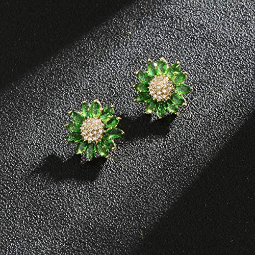 Crystal Flower Burst Stud Earirings - Big Sterling Silver CZ Cubic Zirconia Rhinestone Daisy Sunflower Floral Cluster Studs Bridal Wedding Party Prom Costume Jewelry for Bride Bridesmaids Women Birthstone Birthday Gift - color: Green