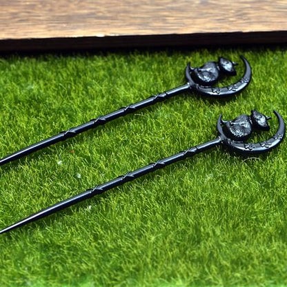 2PCS Retro Halloween Hair Sticks For Women Black Gothic Witch Moon Cat Hairpin Hair Styling Pins (CAL1) - color: CAL1