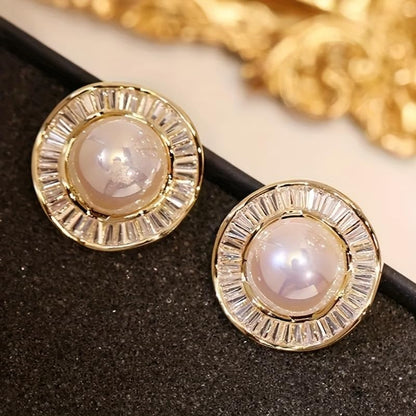 Elegant Inlay Shiny Zirconia Imitation Pearl Earrings for Women Wedding Earring Banquet Vacation Wear Jewelry - color: golden