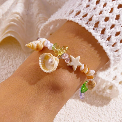 Handmade Natural Shell Starfish Beads Bracelets with a Wish Card Bohemia Sweet Seashell Conch Pearl Charm Bracelets for Women Boho Sea Themed Summer Beach Surfer Vacation Jewelry Gifts - style: StyleH